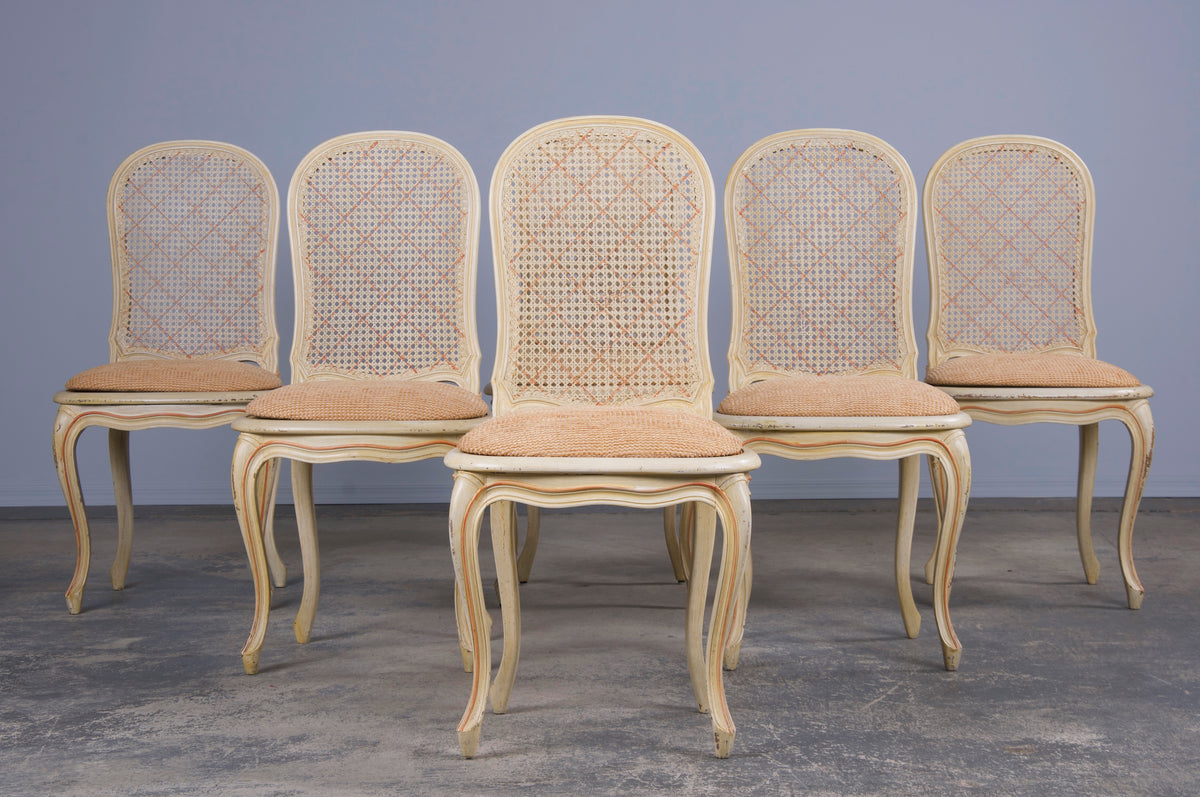 Antique French Louis XV Style Provincial Pained Cane Dining Chairs W/ Apricot Chenille Seats - Set of 6