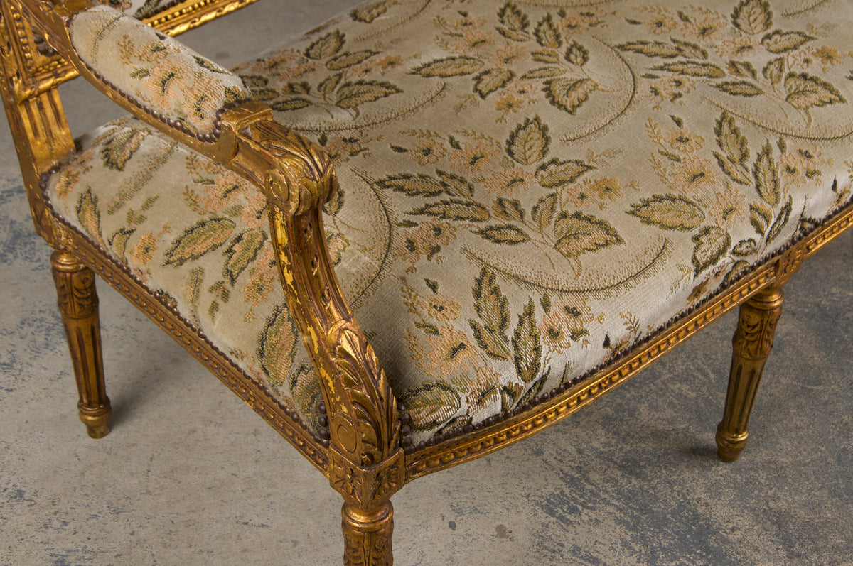 19th Century French Louis XVI Style Gilded Settee W/ Green Floral Velvet