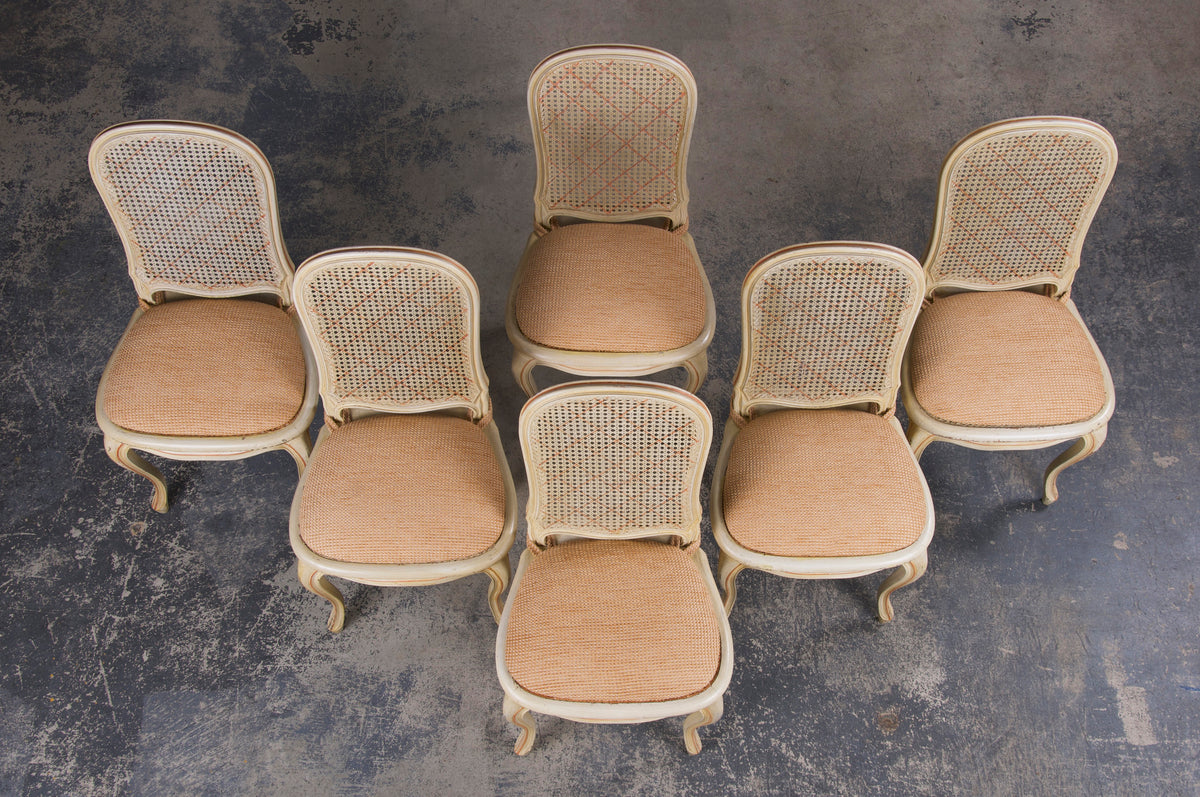 Antique French Louis XV Style Provincial Pained Cane Dining Chairs W/ Apricot Chenille Seats - Set of 6