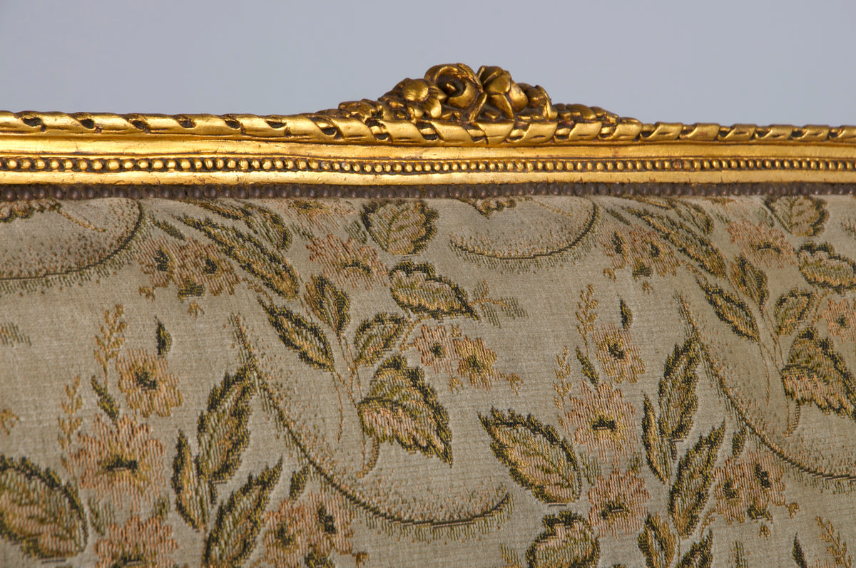 19th Century French Louis XVI Style Gilded Settee W/ Green Floral Velvet