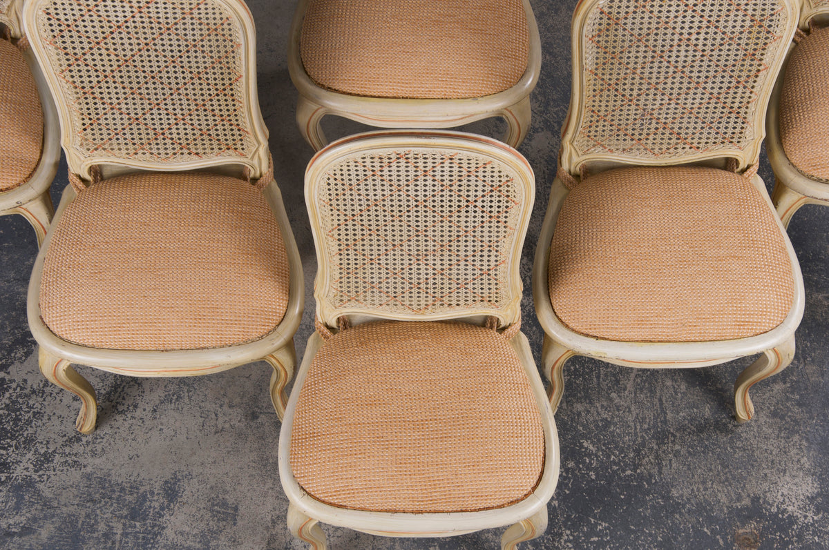 Antique French Louis XV Style Provincial Pained Cane Dining Chairs W/ Apricot Chenille Seats - Set of 6