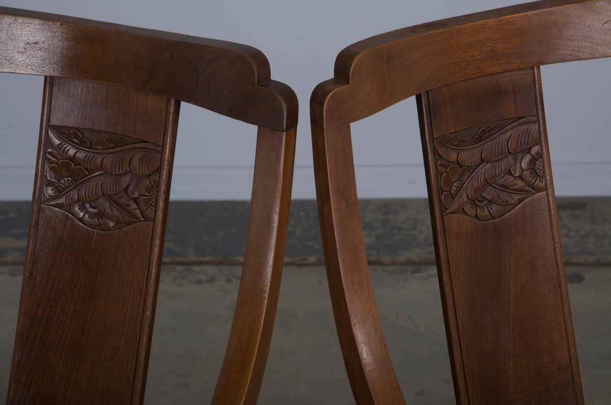 1930s French Art Deco Gondola Walnut Dining Chairs W/ Striped Green Fabric - Set of 6