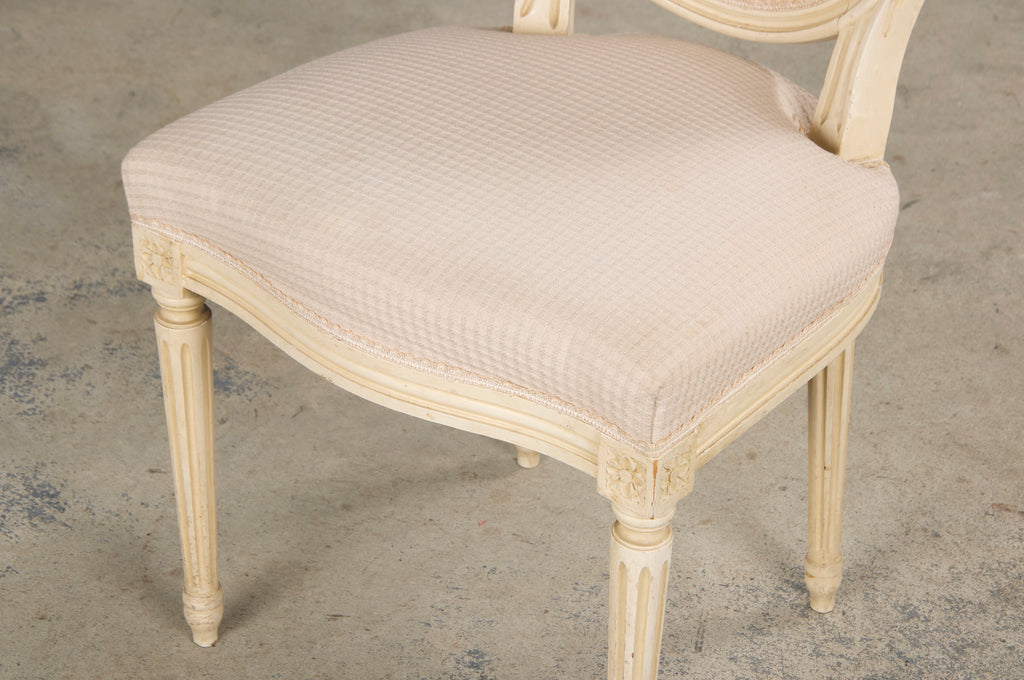 Antique French Louis XVI Style Painted Dining Chairs W/ Cream Fabric - Set of 6