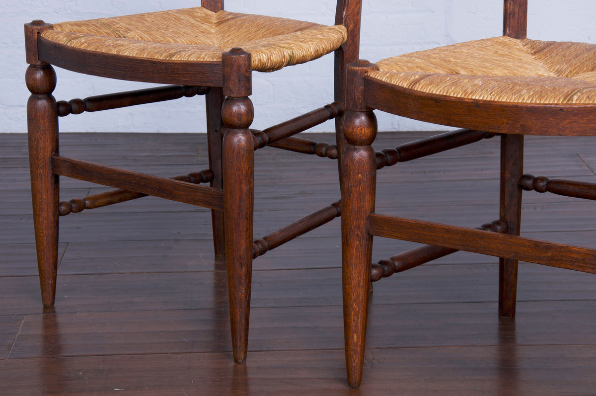 1920s French Art Deco Oak Dining Chairs W/ Rush Seats - Set of 6