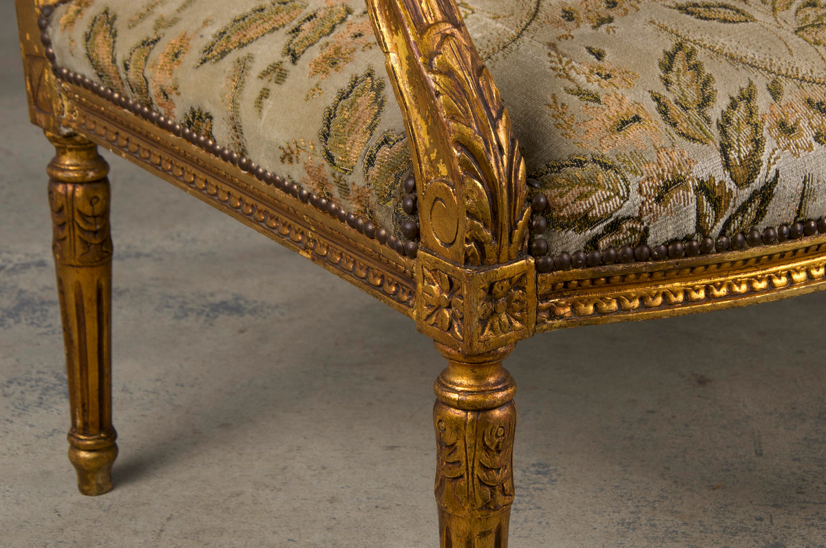 19th Century French Louis XVI Style Gilded Settee W/ Green Floral Velvet