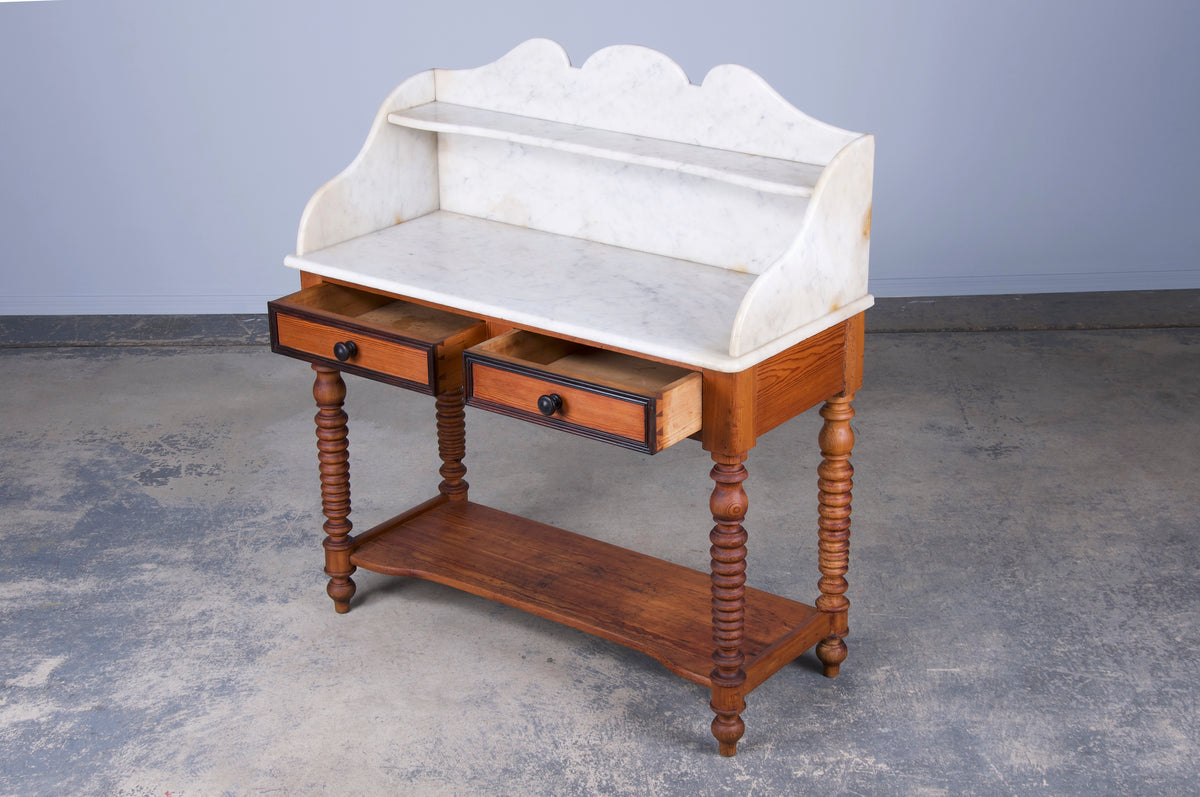 Antique Country French Provincial Pine Wash Table or Vanity W/ White Marble Top