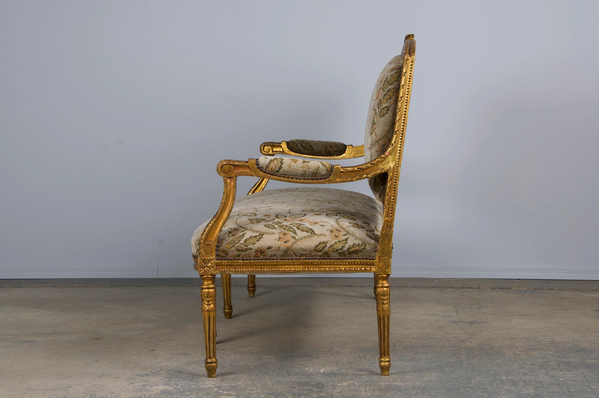 19th Century French Louis XVI Style Gilded Settee W/ Green Floral Velvet