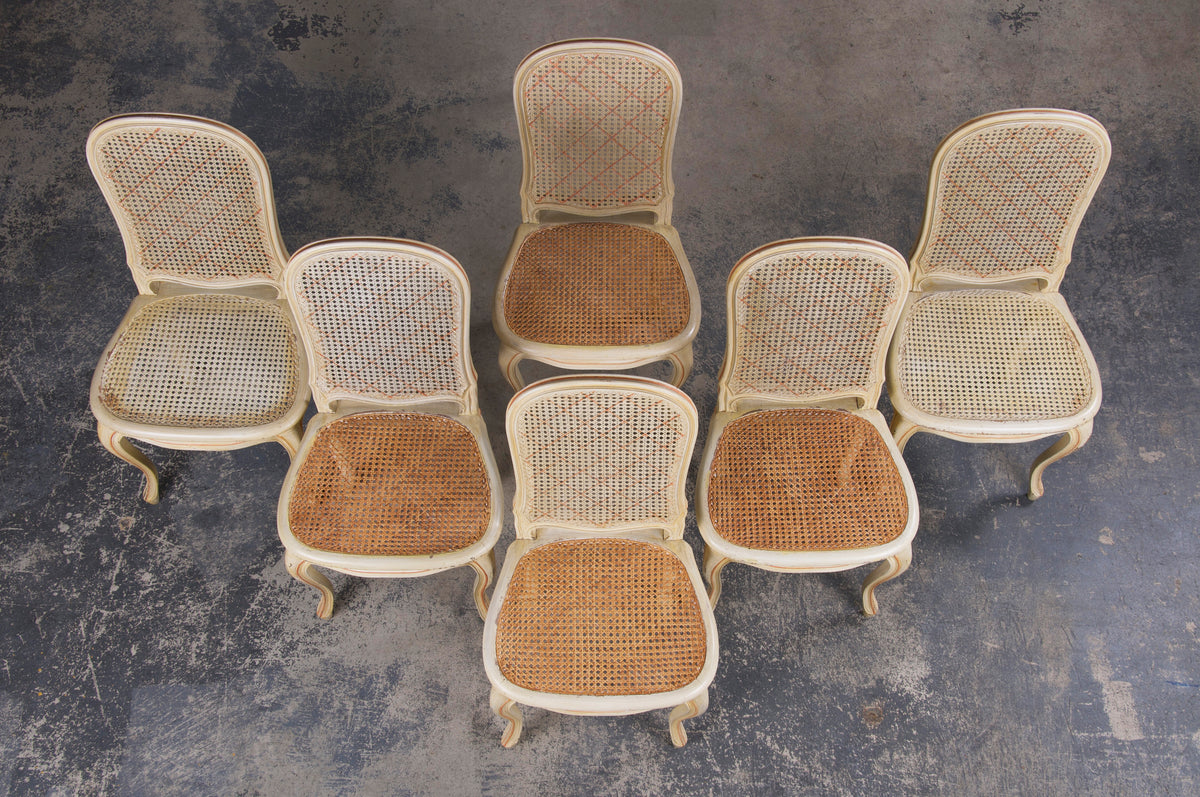 Antique French Louis XV Style Provincial Pained Cane Dining Chairs W/ Apricot Chenille Seats - Set of 6