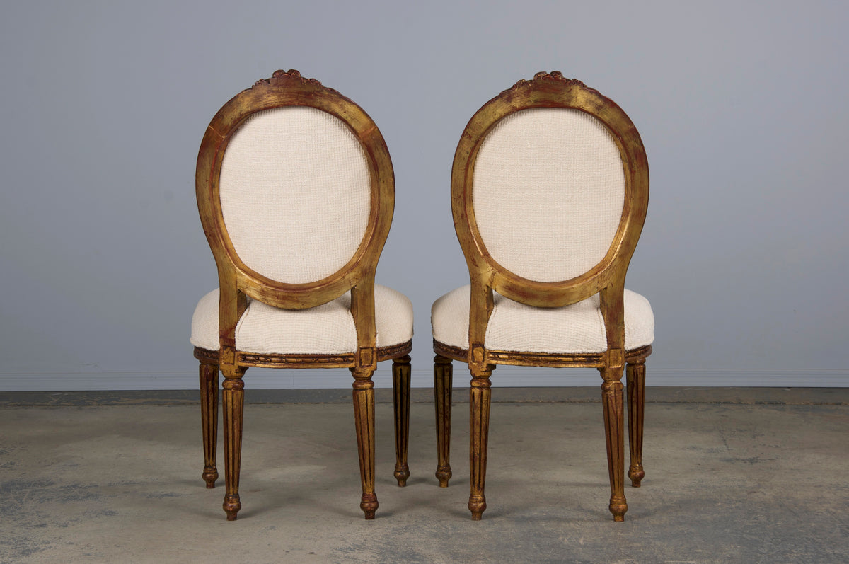 Antique French Louis XVI Style Gilded Dining Chairs W/ Ivory Chenille - Set of 6