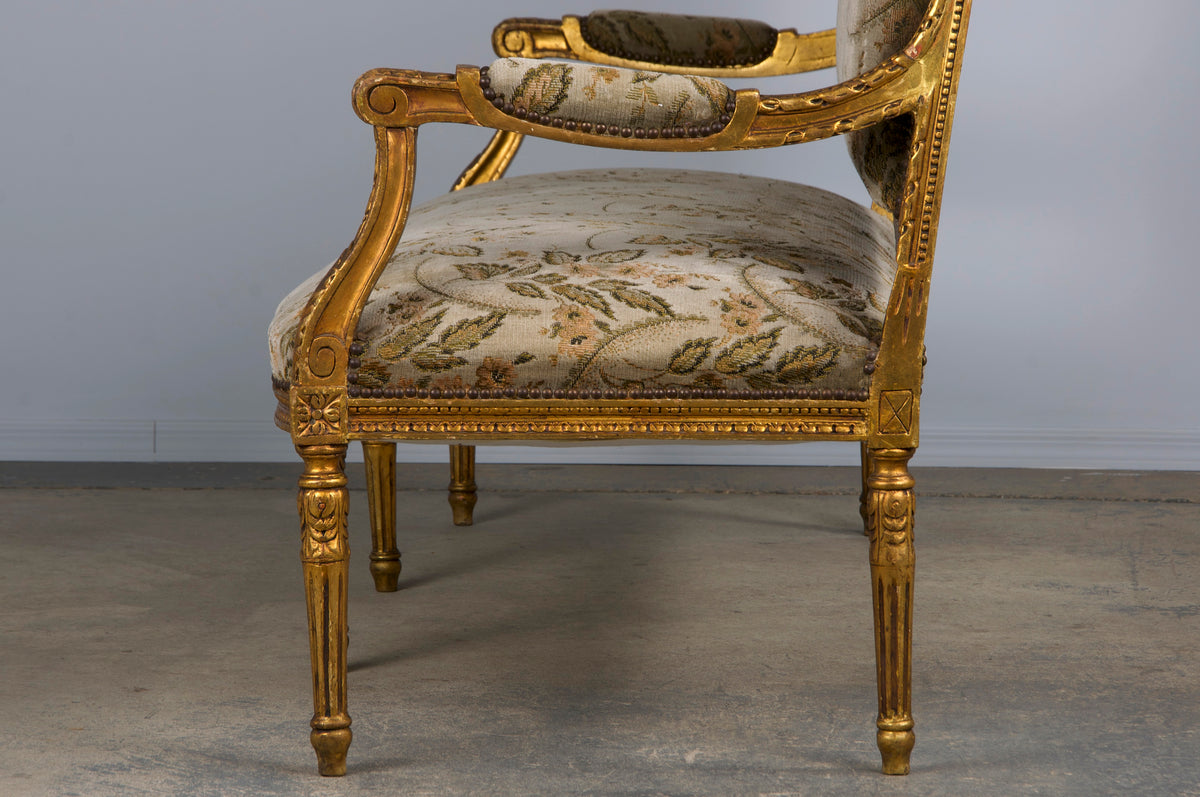 19th Century French Louis XVI Style Gilded Settee W/ Green Floral Velvet