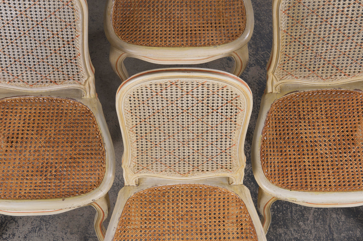 Antique French Louis XV Style Provincial Pained Cane Dining Chairs W/ Apricot Chenille Seats - Set of 6