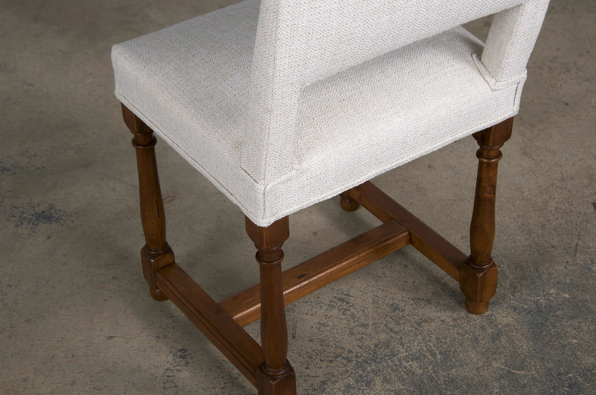 ON HOLD Antique French Louis XIII Style Walnut Dining Chairs W/ Off-White Woven Fabric - Set of 8