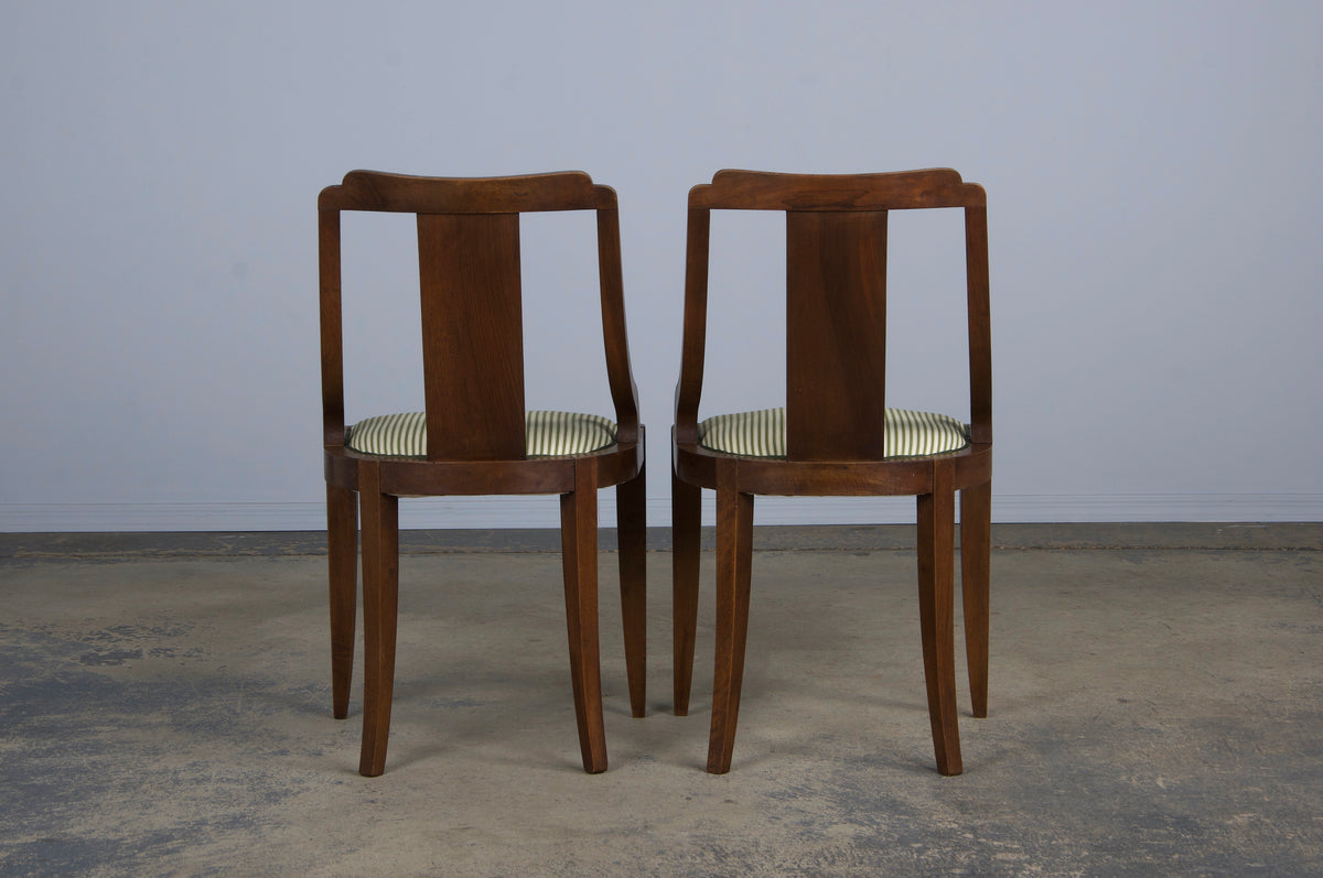 1930s French Art Deco Gondola Walnut Dining Chairs W/ Striped Green Fabric - Set of 6