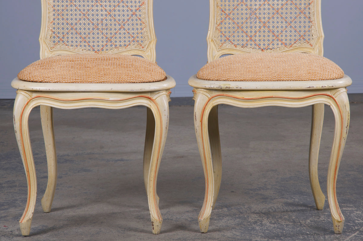 Antique French Louis XV Style Provincial Pained Cane Dining Chairs W/ Apricot Chenille Seats - Set of 6