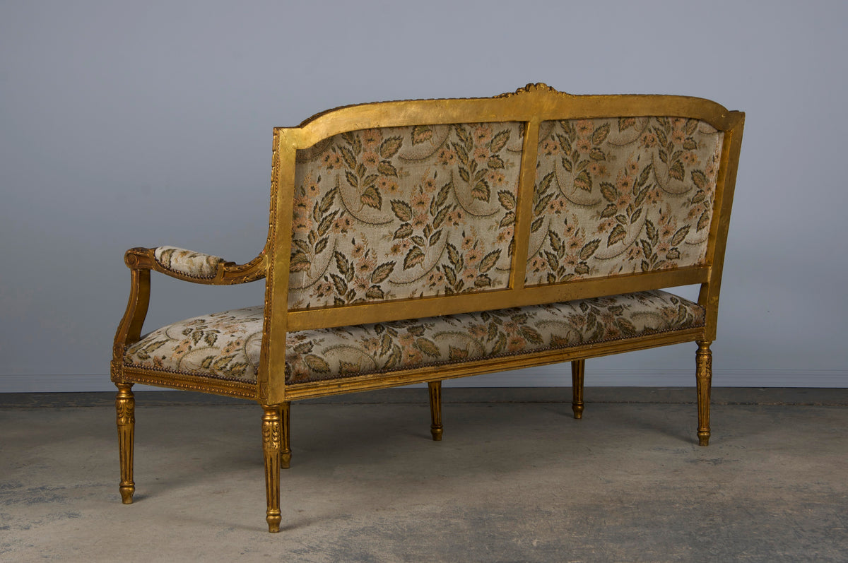 19th Century French Louis XVI Style Gilded Settee W/ Green Floral Velvet