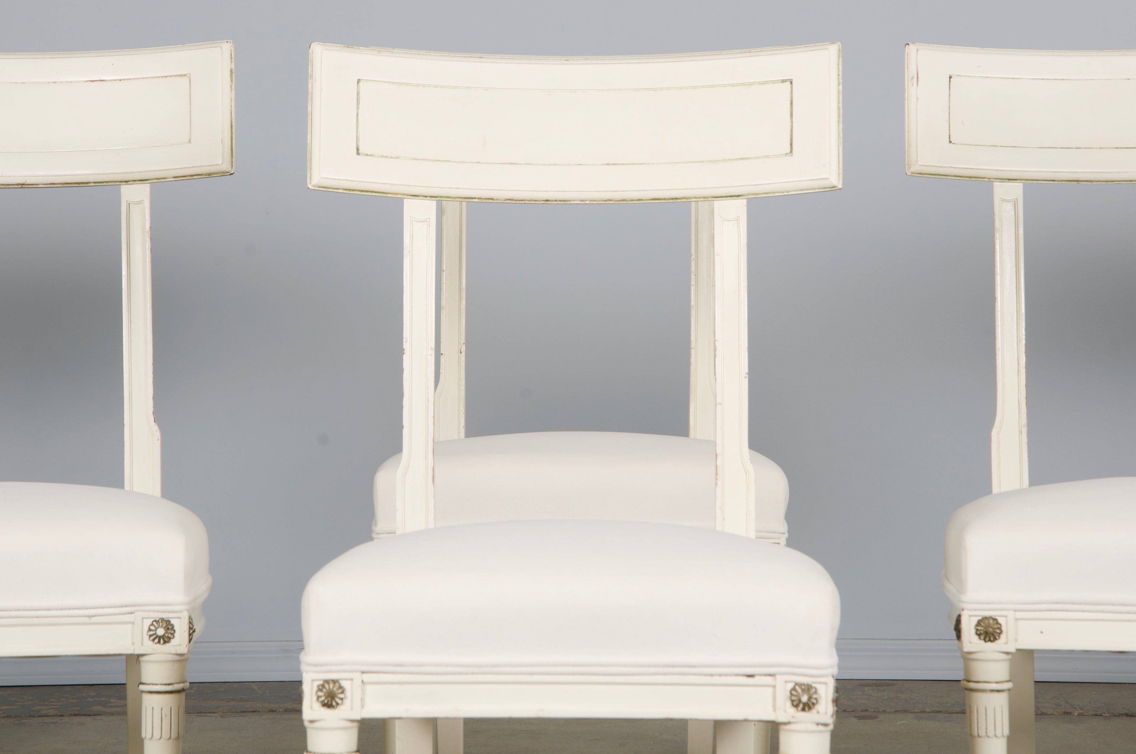 French Neoclassical Painted Dining Chairs in Off-White Velvet - Set of 6 by Maurice Hirsch