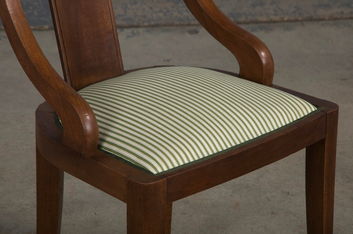 1930s French Art Deco Gondola Walnut Dining Chairs W/ Striped Green Fabric - Set of 6