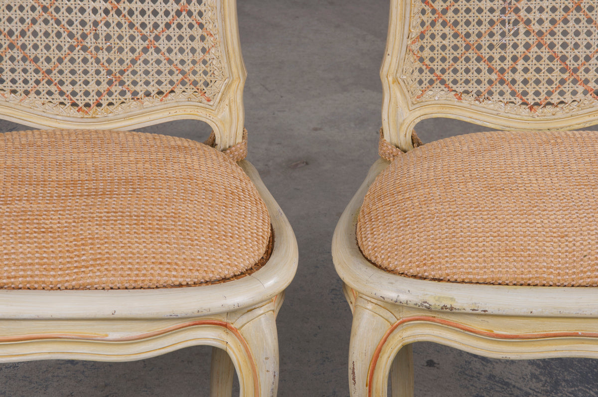 Antique French Louis XV Style Provincial Pained Cane Dining Chairs W/ Apricot Chenille Seats - Set of 6