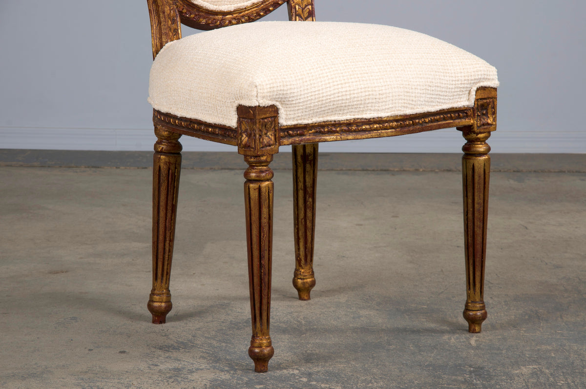 Antique French Louis XVI Style Gilded Dining Chairs W/ Ivory Chenille - Set of 6