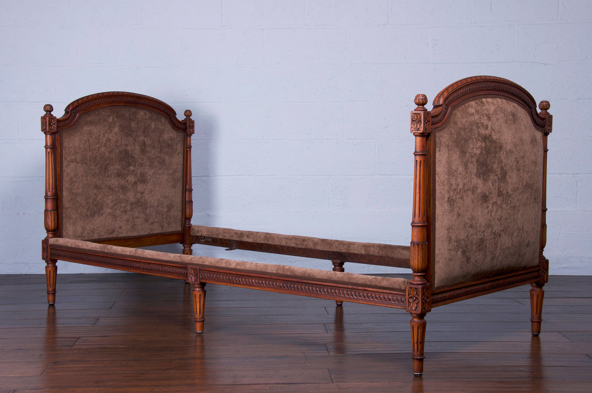 Antique French Louis XVI Style Oak Daybed W/ Brown Velvet