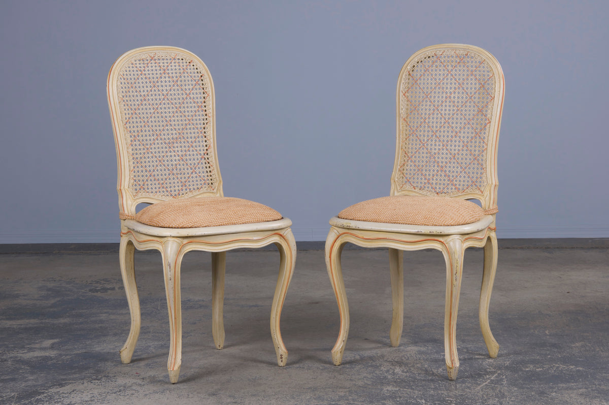 Antique French Louis XV Style Provincial Pained Cane Dining Chairs W/ Apricot Chenille Seats - Set of 6