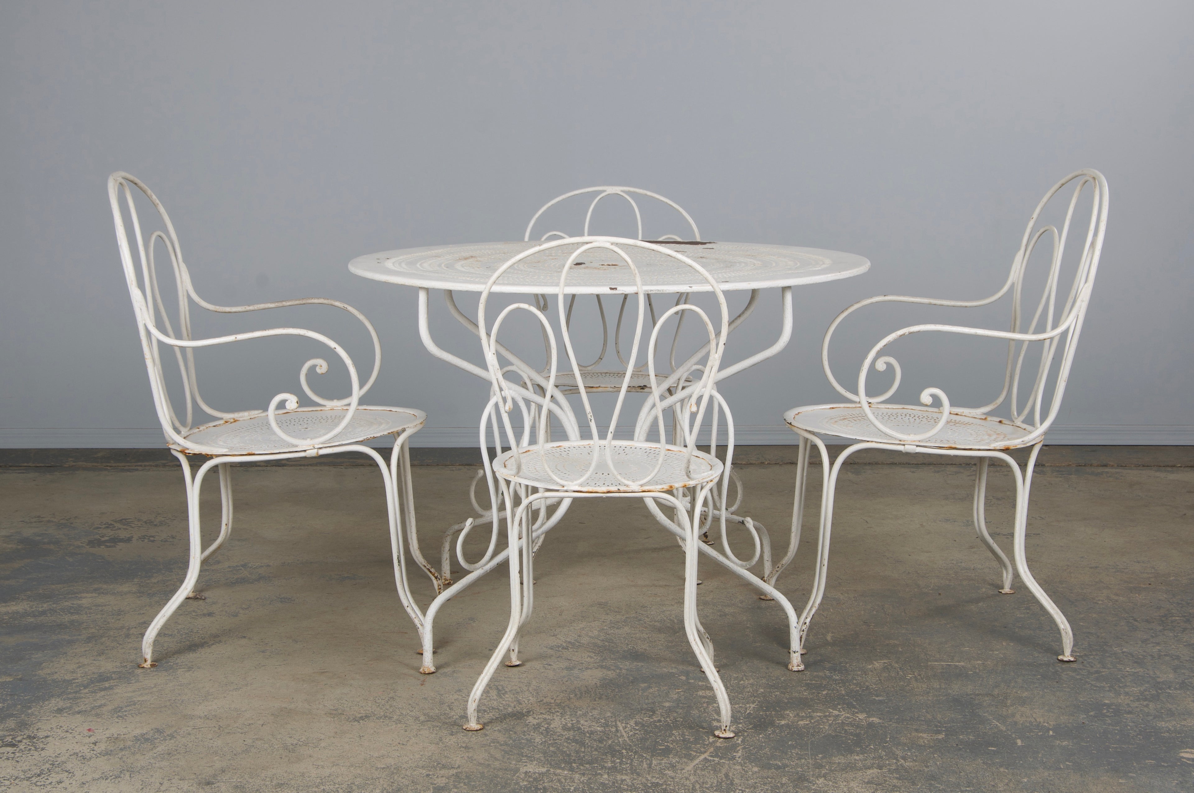 Antique French Art Nouveau White Wrought Iron Painted Garden Set