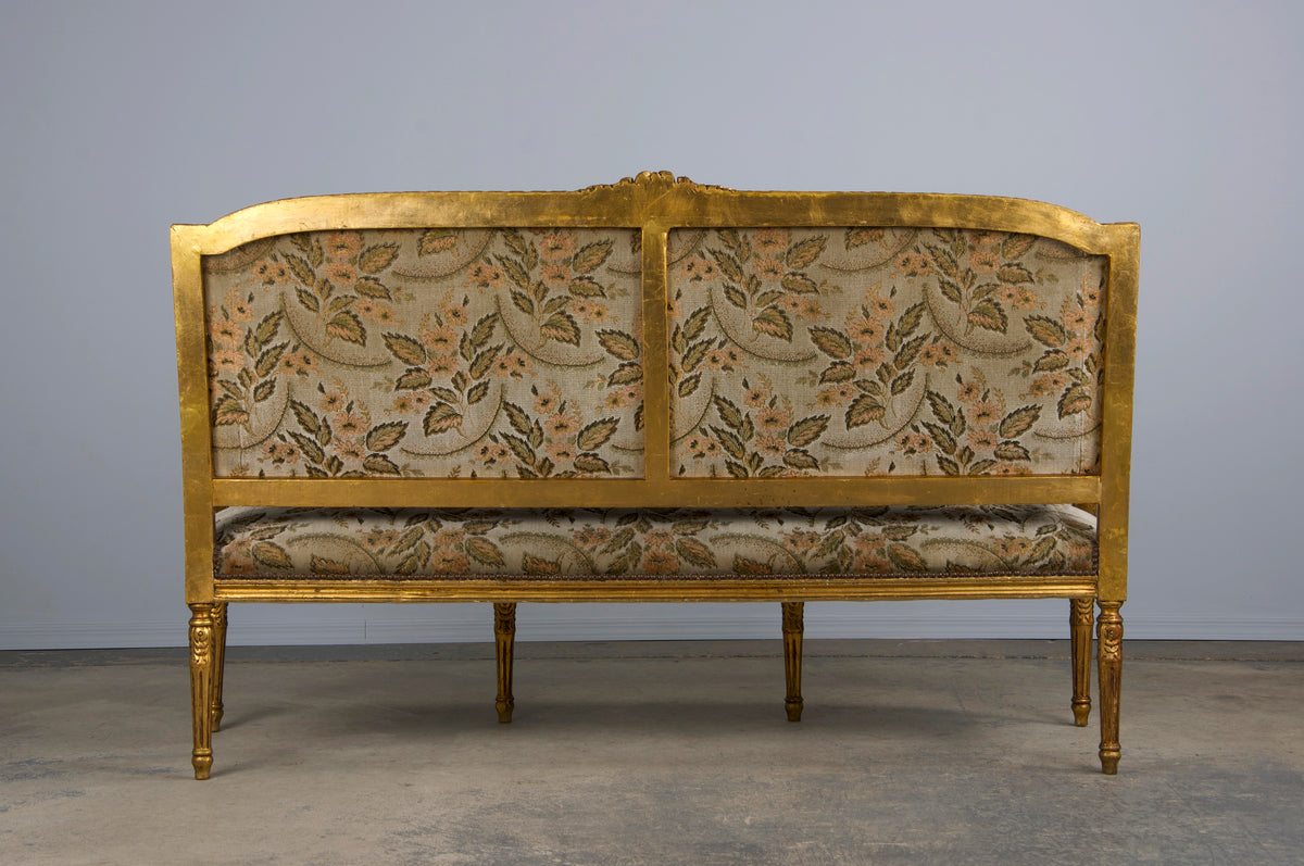 19th Century French Louis XVI Style Gilded Settee W/ Green Floral Velvet