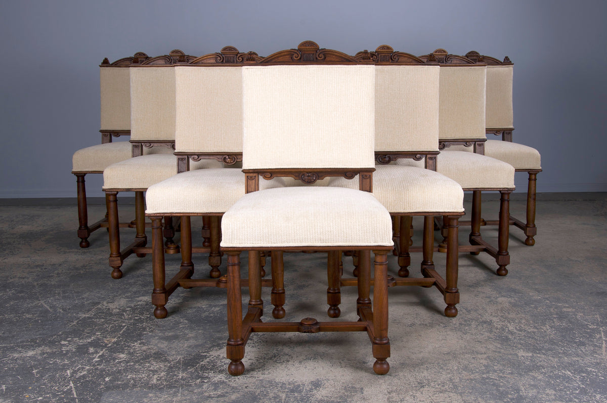 Antique French Napoleon III Style Walnut Dining Chairs W/ Custard Chenille - Set of 10