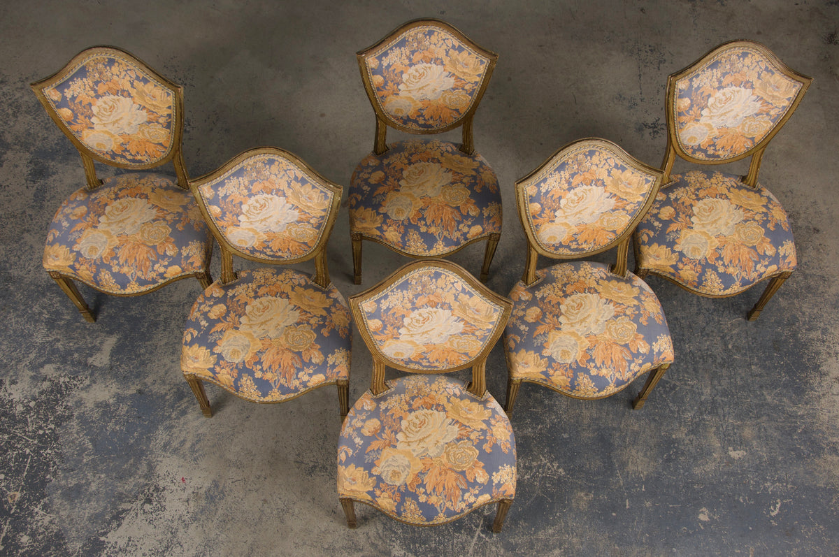 Antique French Neoclassical Louis XVI Painted Dining Chairs W/ Floral Fabric - Set of 6