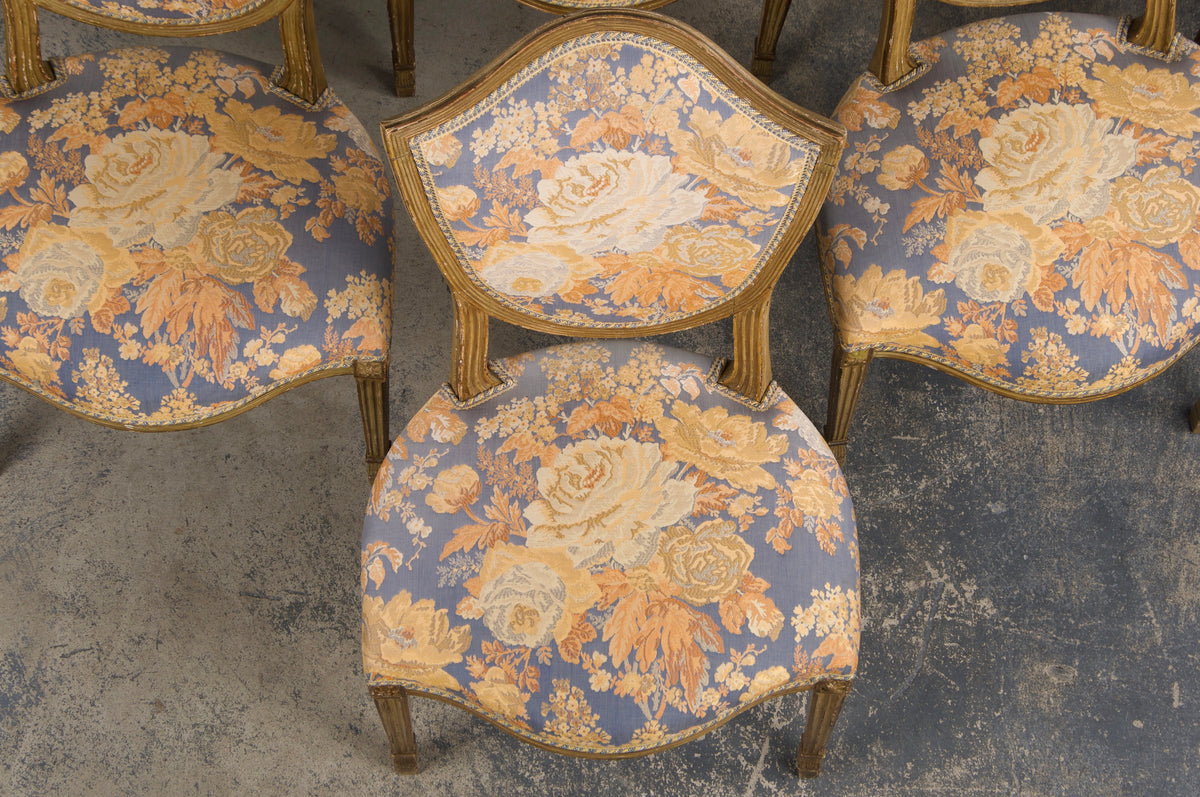 Antique French Neoclassical Louis XVI Painted Dining Chairs W/ Floral Fabric - Set of 6