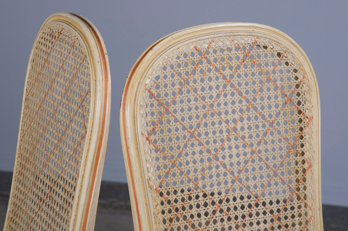 Antique French Louis XV Style Provincial Pained Cane Dining Chairs W/ Apricot Chenille Seats - Set of 6