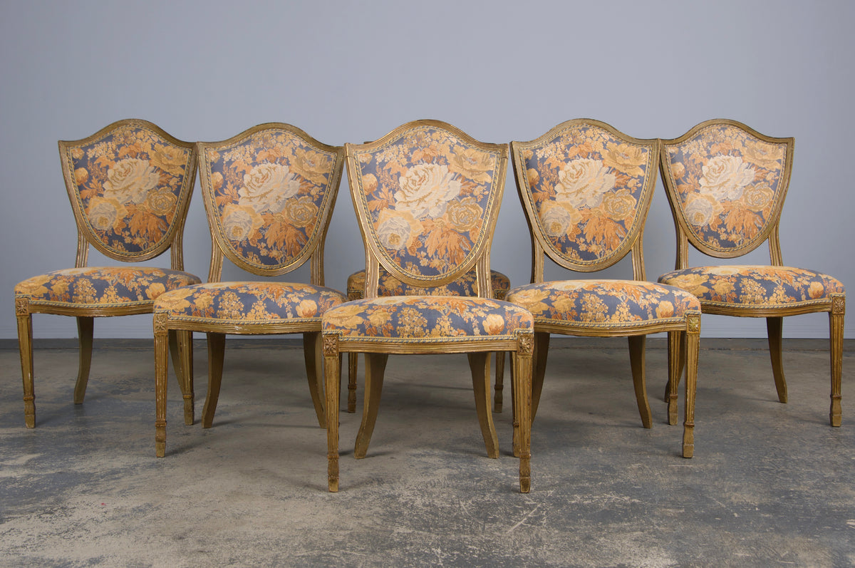 Antique French Neoclassical Louis XVI Painted Dining Chairs W/ Floral Fabric - Set of 6