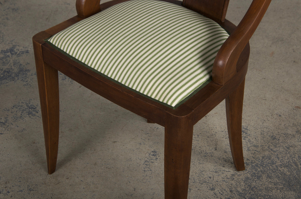 1930s French Art Deco Gondola Walnut Dining Chairs W/ Striped Green Fabric - Set of 6