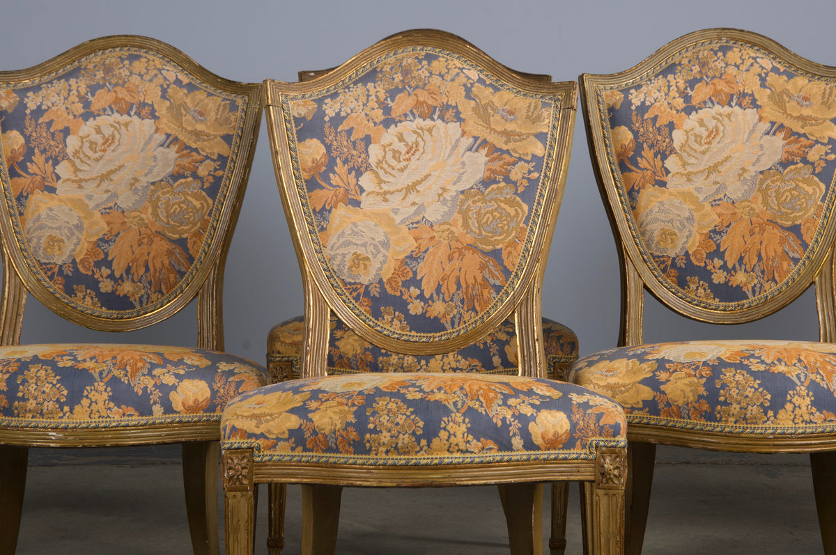 Antique French Neoclassical Louis XVI Painted Dining Chairs W/ Floral Fabric - Set of 6