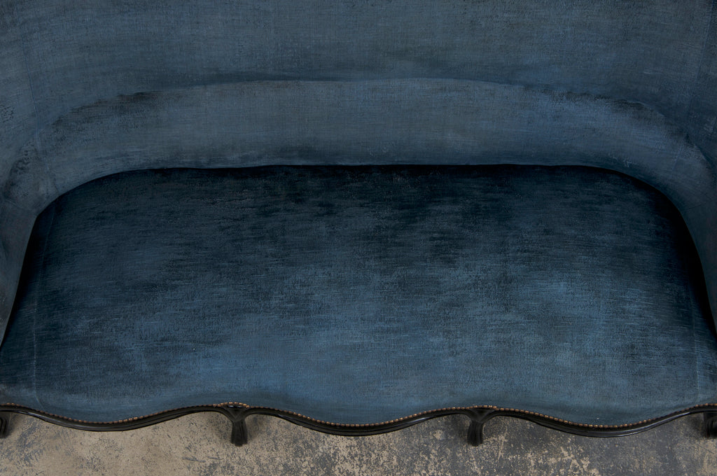 19th Century Napoleon III Ebonized Settee W/ Blue Velvet
