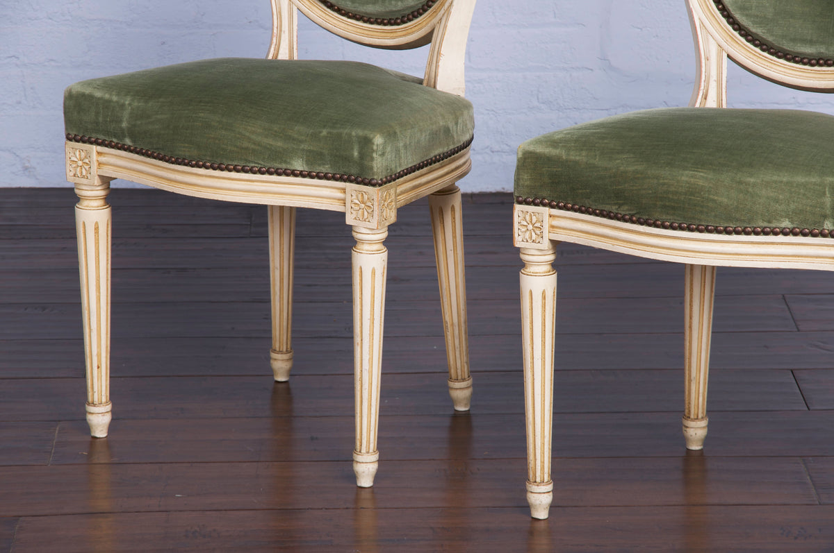 Antique French Louis XVI Style Painted Side Chairs W/ Green Velvet - A Pair