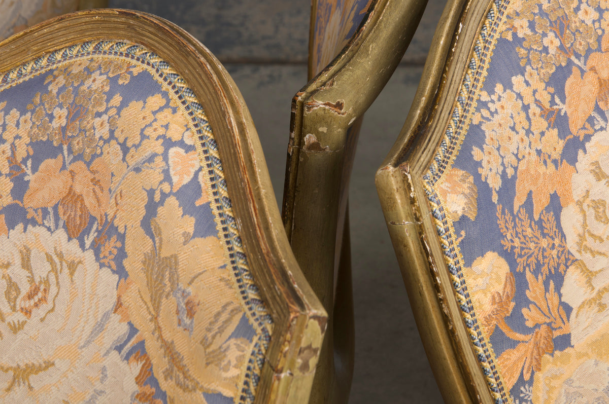 Antique French Neoclassical Louis XVI Painted Dining Chairs W/ Floral Fabric - Set of 6