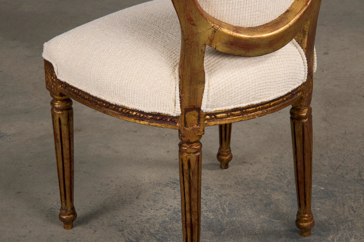 Antique French Louis XVI Style Gilded Dining Chairs W/ Ivory Chenille - Set of 6