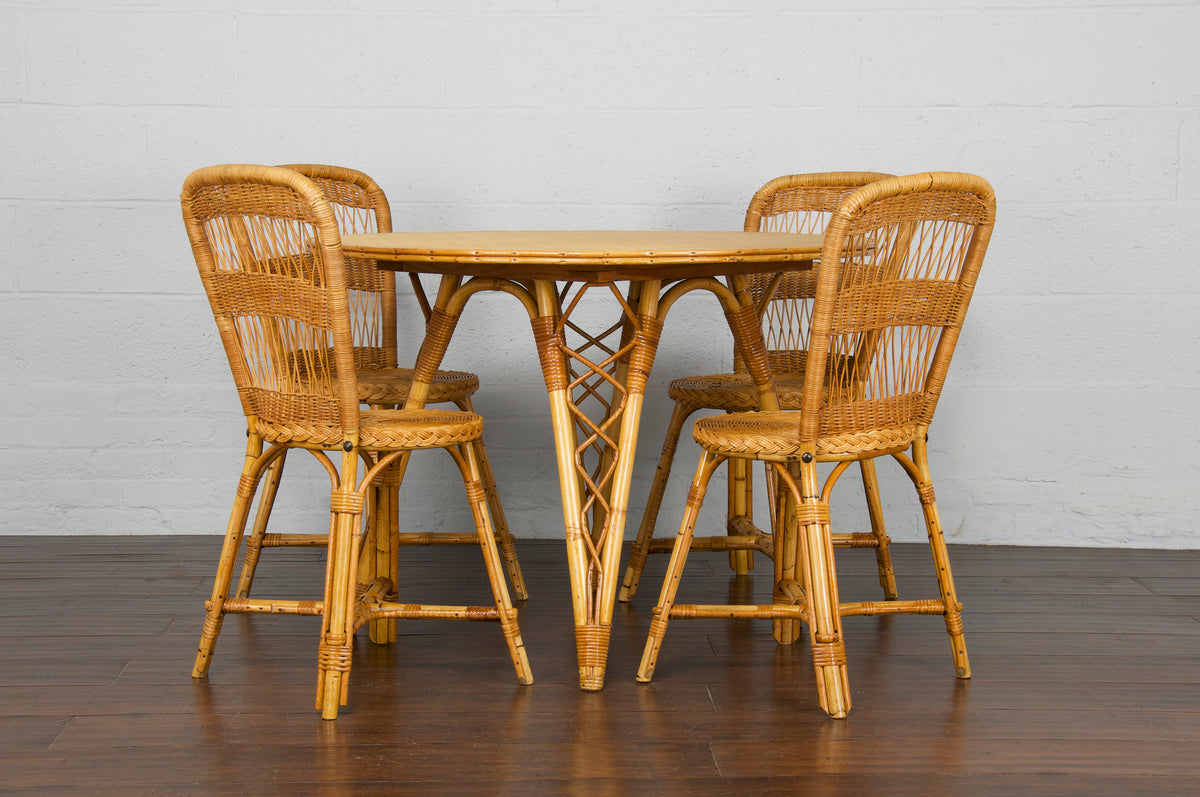 Mid Century Modern French Rattan and Bamboo Outdoor Dining Set - Set of 5