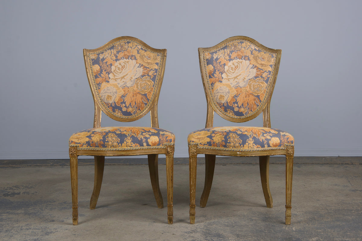 Antique French Neoclassical Louis XVI Painted Dining Chairs W/ Floral Fabric - Set of 6