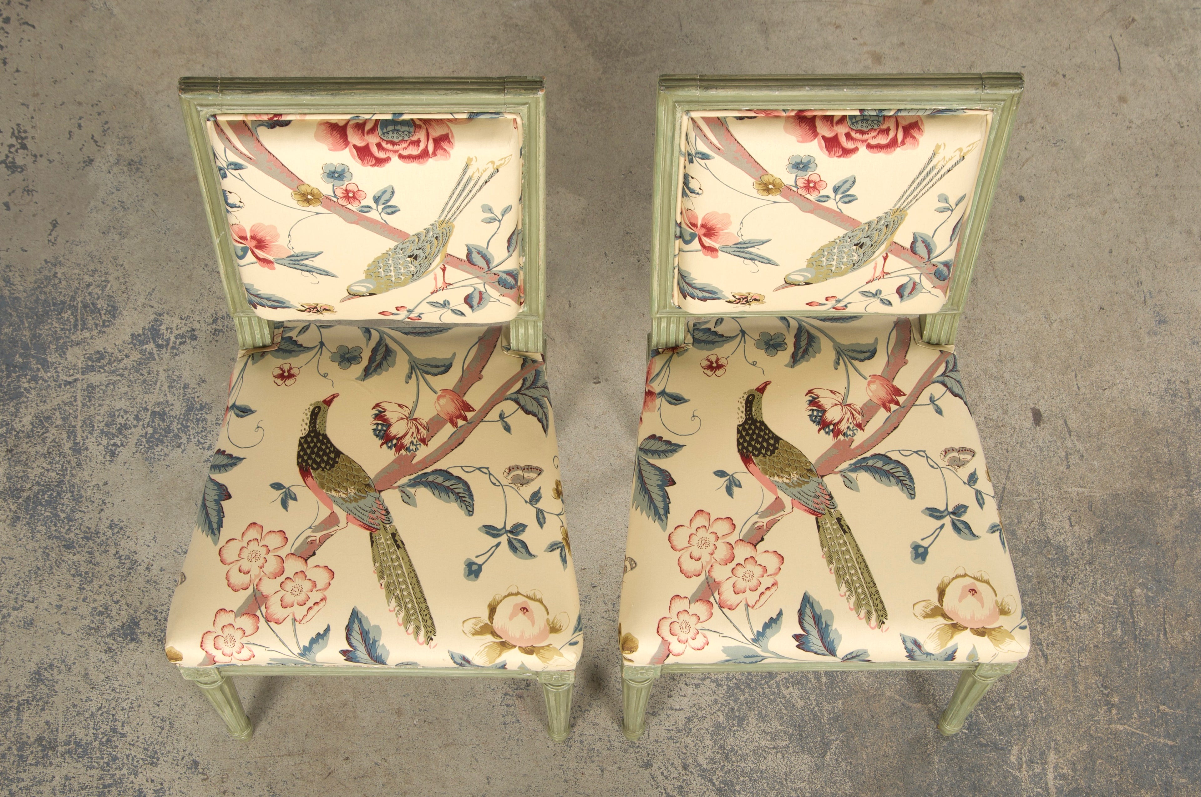 Antique French Louis XVI Style Painted Square Back Side Chairs in Chinoiserie Fabric - A Pair