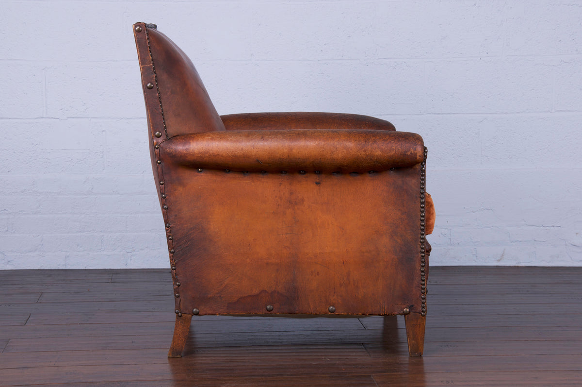 1930s French Art Deco Club Chair W/ Original Brown Leather