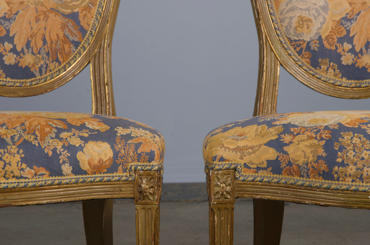 Antique French Neoclassical Louis XVI Painted Dining Chairs W/ Floral Fabric - Set of 6