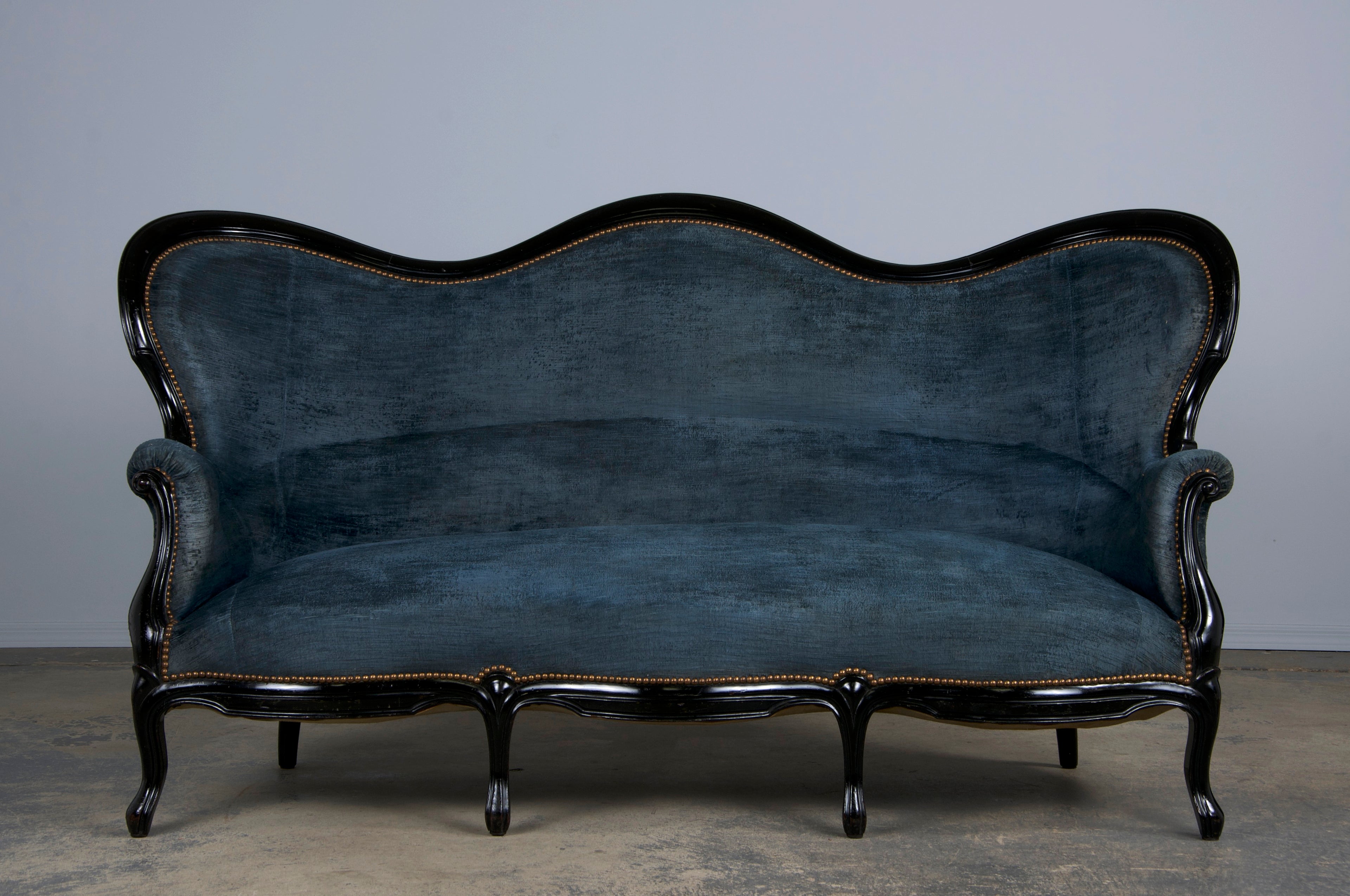19th Century Napoleon III Ebonized Settee W/ Blue Velvet