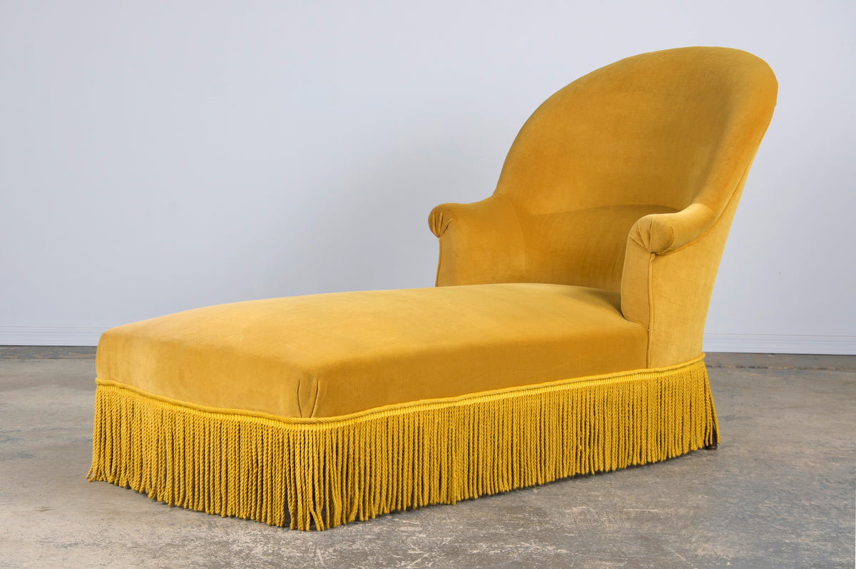 19th Century French Napoleon III Style Chaise Lounge W/ Golden Yellow Velvet