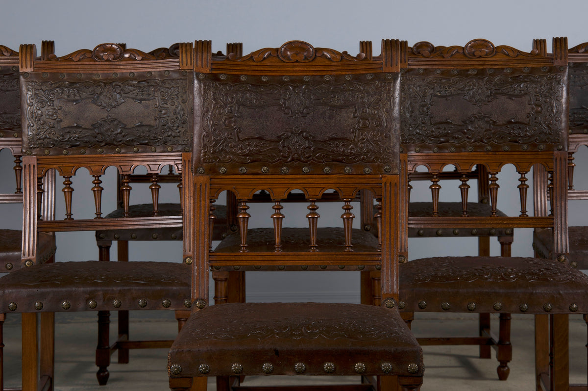 19th Century French Henry II Style Walnut Dining Chairs W/ Original Brown Leather - Set of 10