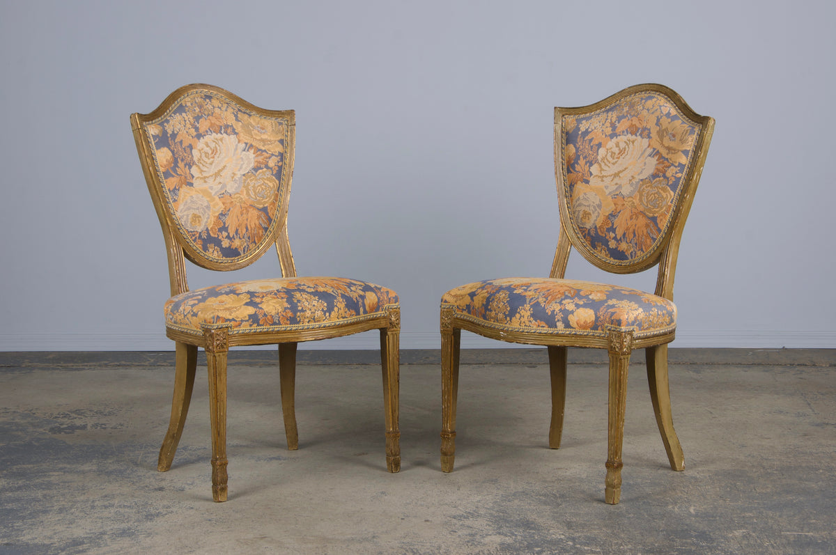 Antique French Neoclassical Louis XVI Painted Dining Chairs W/ Floral Fabric - Set of 6