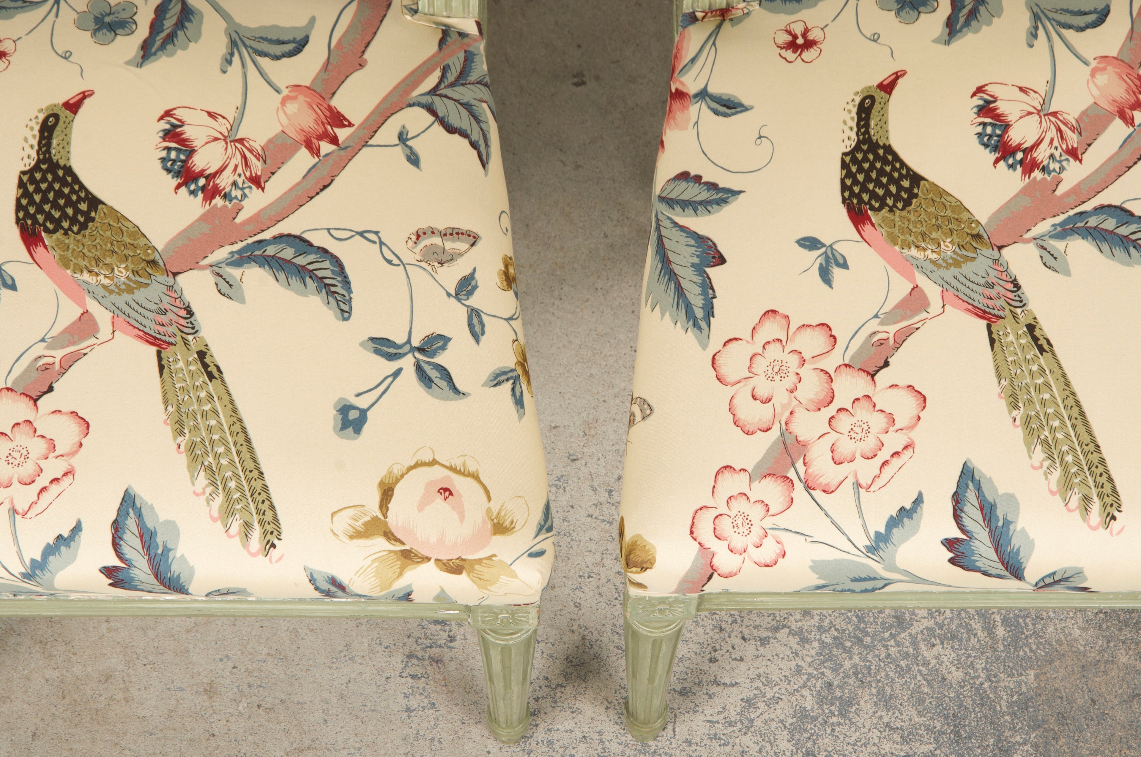 Antique French Louis XVI Style Painted Square Back Side Chairs in Chinoiserie Fabric - A Pair