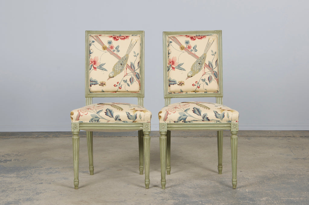 Antique French Louis XVI Style Painted Square Back Side Chairs in Chinoiserie Fabric - A Pair