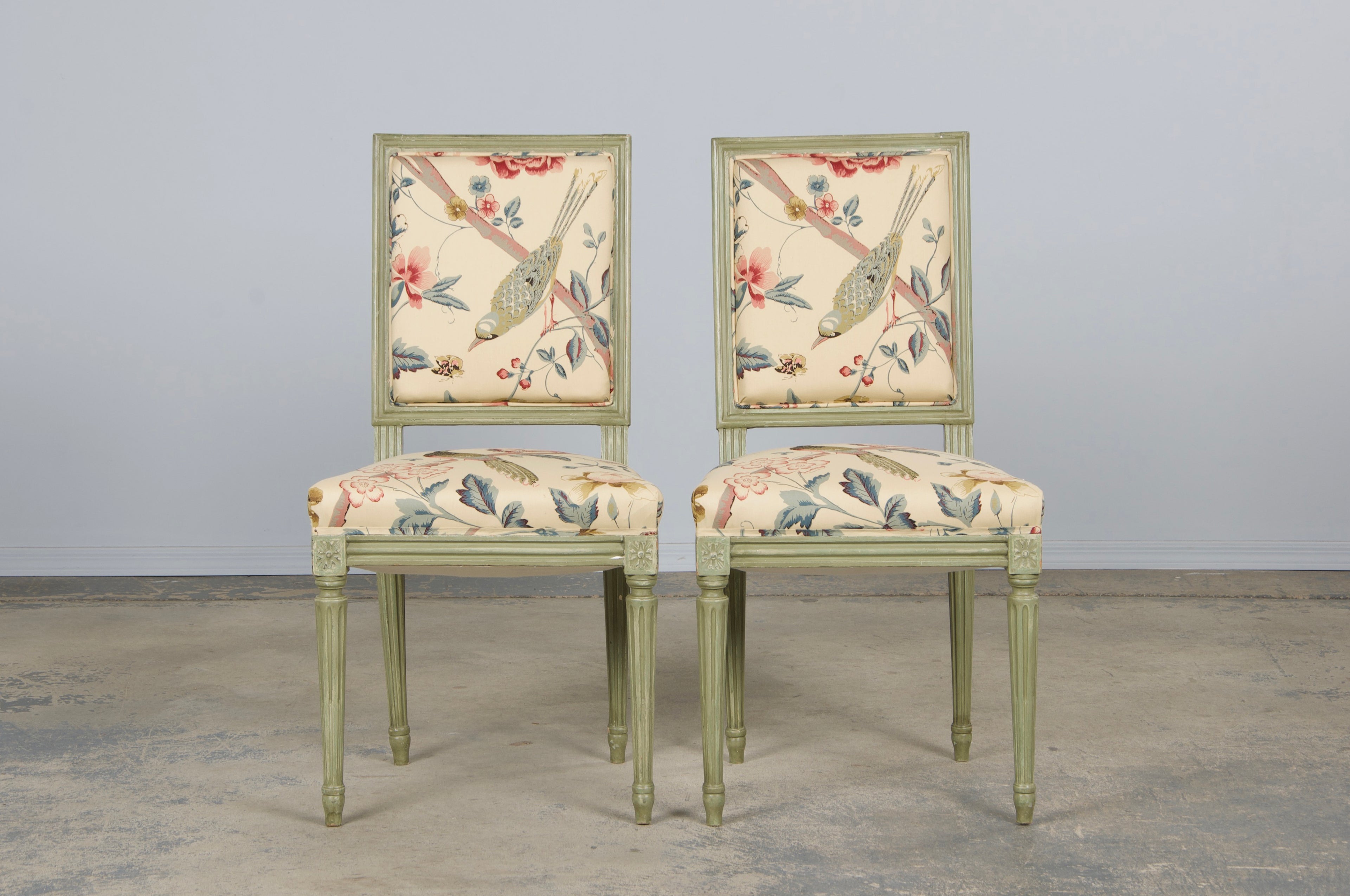 Antique French Louis XVI Style Painted Square Back Side Chairs in Chinoiserie Fabric - A Pair